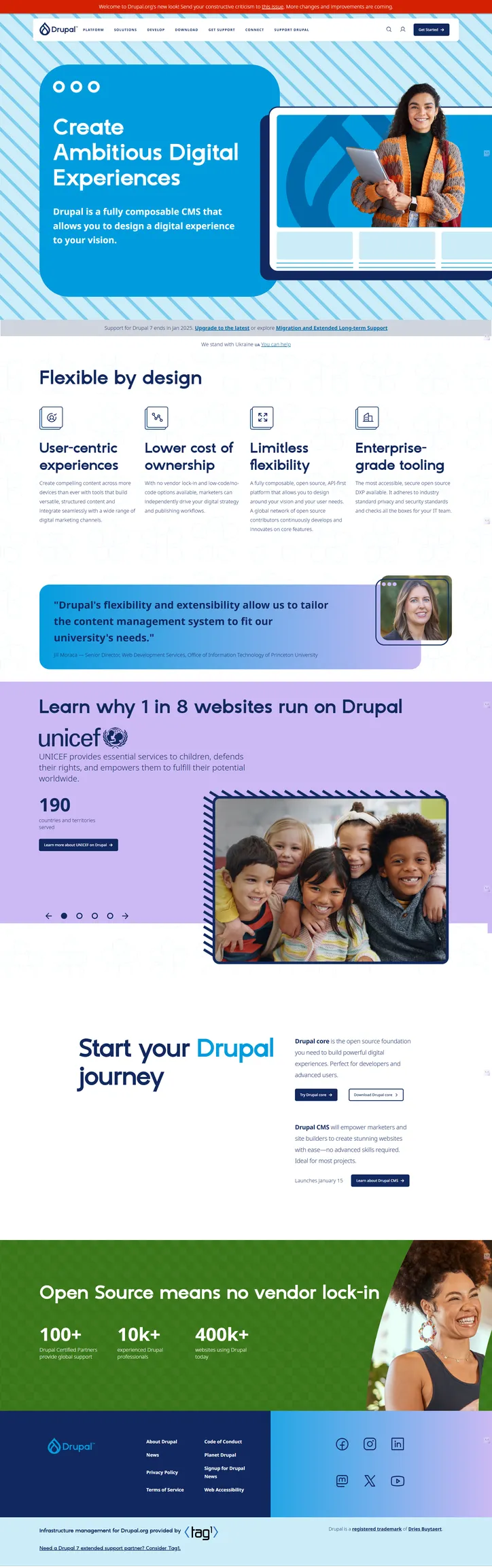 Screenshot della homepage di drupal.org cms