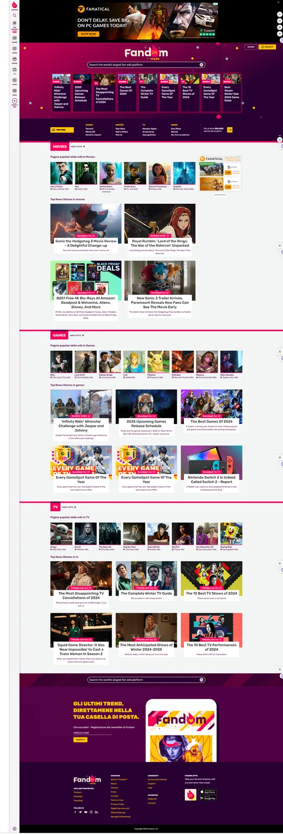 Guida alle tipologie di siti web 16 Homepage della piattaforma wiki Fandom con categorie di intrattenimento, notizie in evidenza e sezioni tematiche per film, giochi e TV