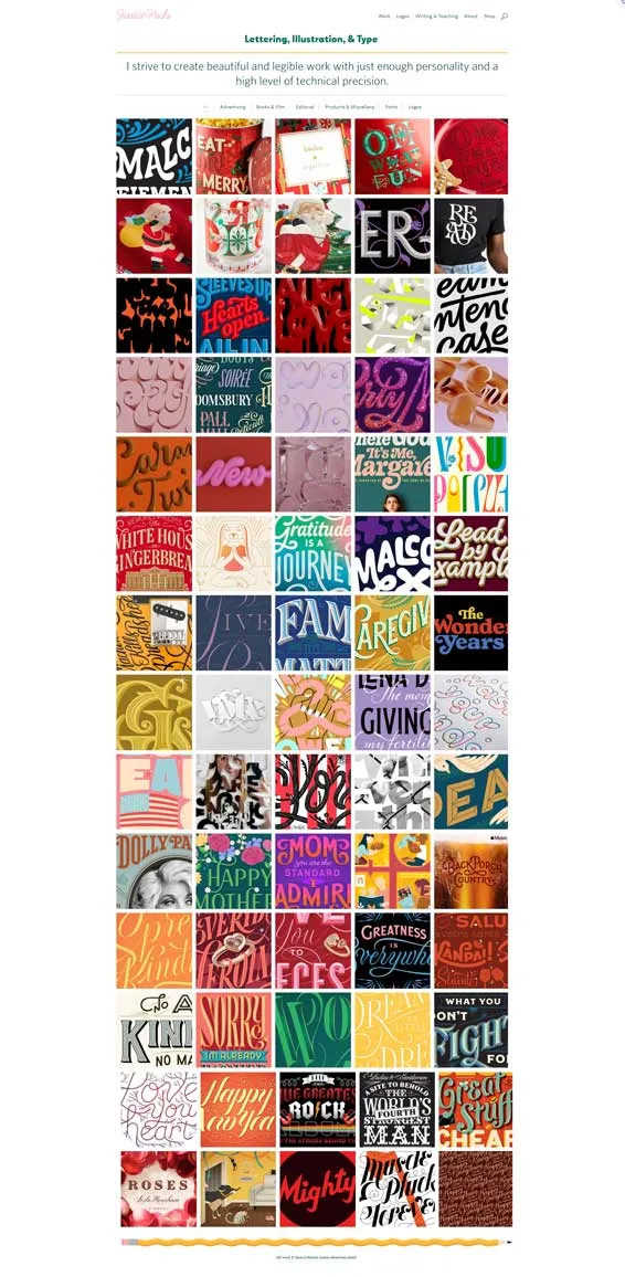 Guida alle tipologie di siti web 36 Galleria di progetti di lettering di Jessica Hische, mostrando vari stili tipografici colorati e design per brand famosi