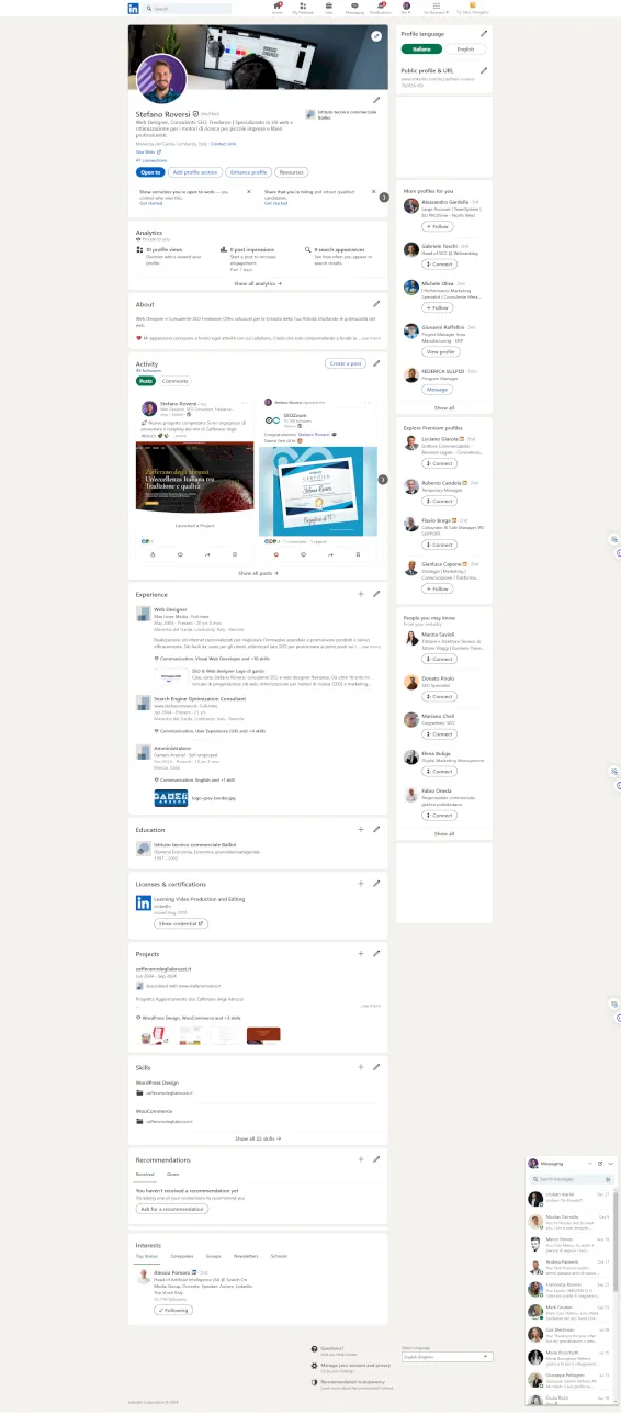 Guida alle tipologie di siti web 23 Screenshot di un profilo LinkedIn di Stefano Roversi, web designer e consulente SEO freelance, con dettagli sulle competenze, esperienze e progetti realizzati.