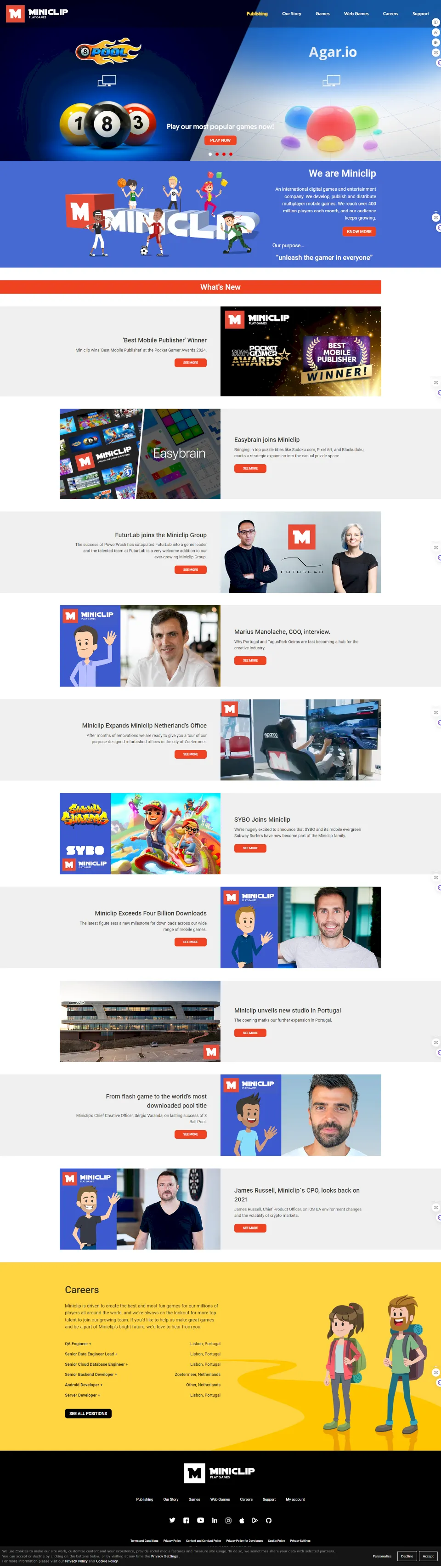 Guida alle tipologie di siti web 28 Homepage del sito Miniclip, piattaforma di giochi online e mobile con titoli multiplayer e interattivi