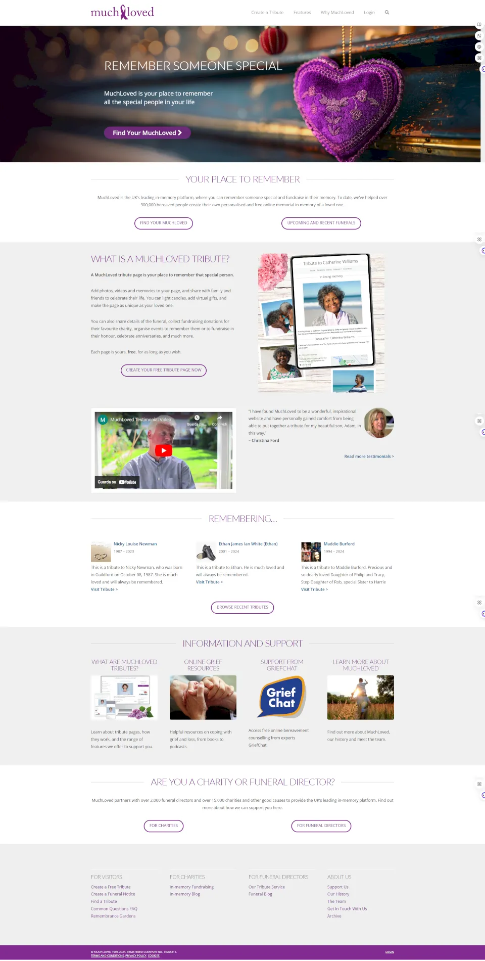 Guida alle tipologie di siti web 31 Homepage di MuchLoved, piattaforma dedicata alla creazione di tributi commemorativi online per ricordare persone care