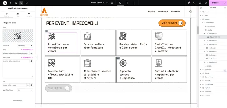Schermata che mostra un sito web mentre viene realizzato tramite elementor su wordpress