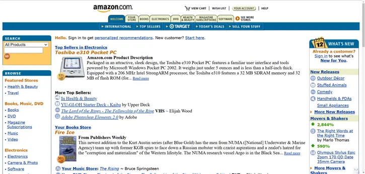 screenshot di amazon nel 2002 un design piu struturato, immagini sidebart menu di navigazione