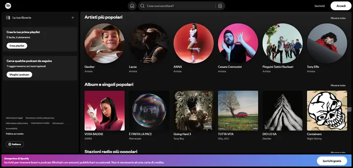 Schemrata iniziale di Spotify una delle più popolari Progressive Web Application
