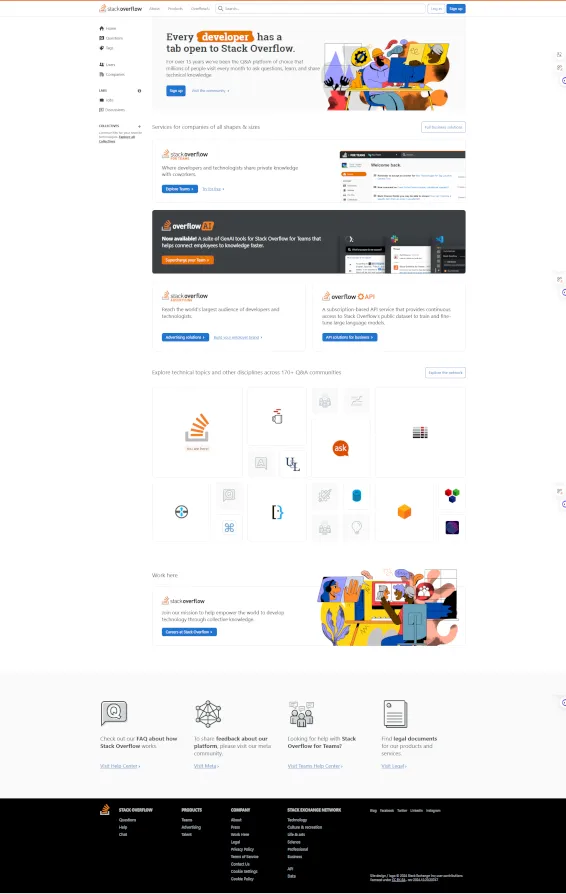 Guida alle tipologie di siti web 24 Homepage di Stack Overflow con sezioni per sviluppatori, servizi aziendali e community Q&A per la condivisione di conoscenza tecnica