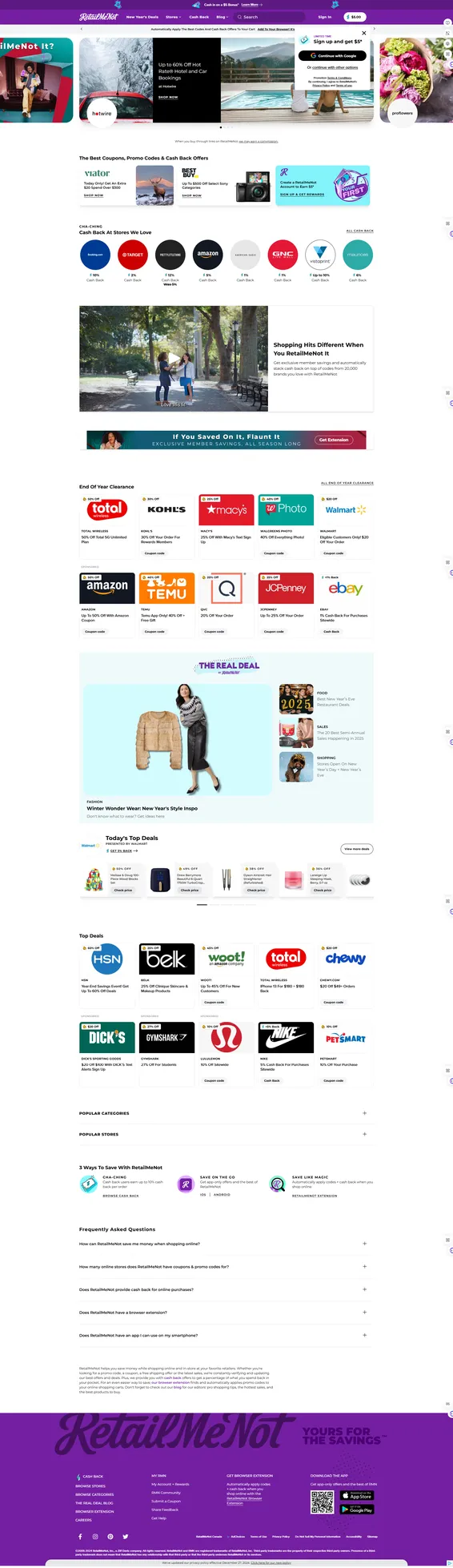 Guida alle tipologie di siti web 10 Esempio di sito coupon e offerte: homepage RetailMeNot con vetrina offerte verificate, integrazione principali retailer, sezione editoriale The Real Deal e sistema di validazione community-driven