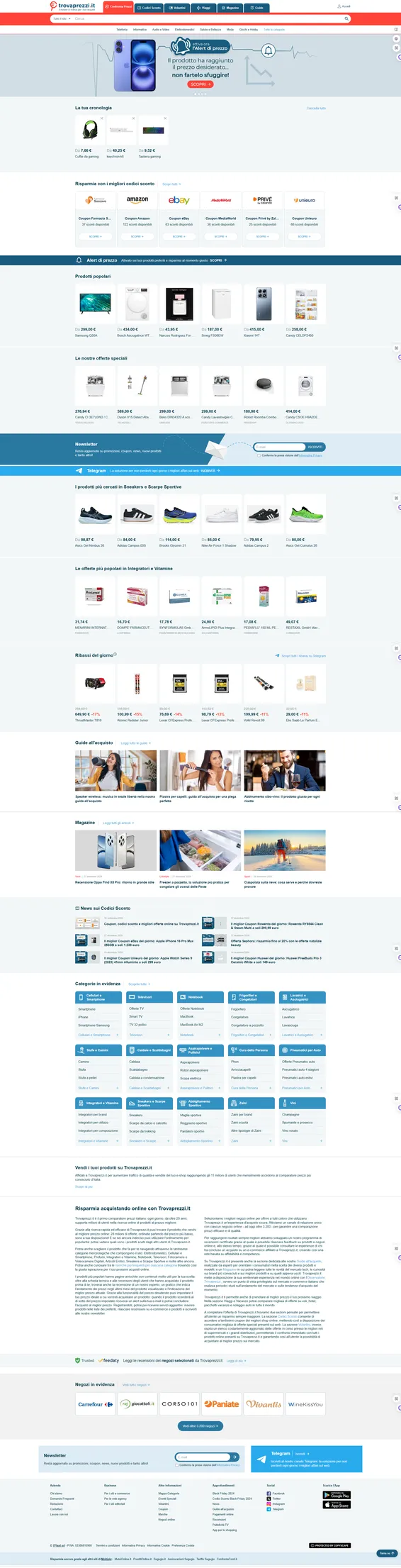 Guida alle tipologie di siti web 8 Esempio di sito comparatore prezzi: homepage Trovaprezzi che mostra confronto tra diversi store, filtri prodotto, categorie merceologiche e integrazione con i principali e-commerce