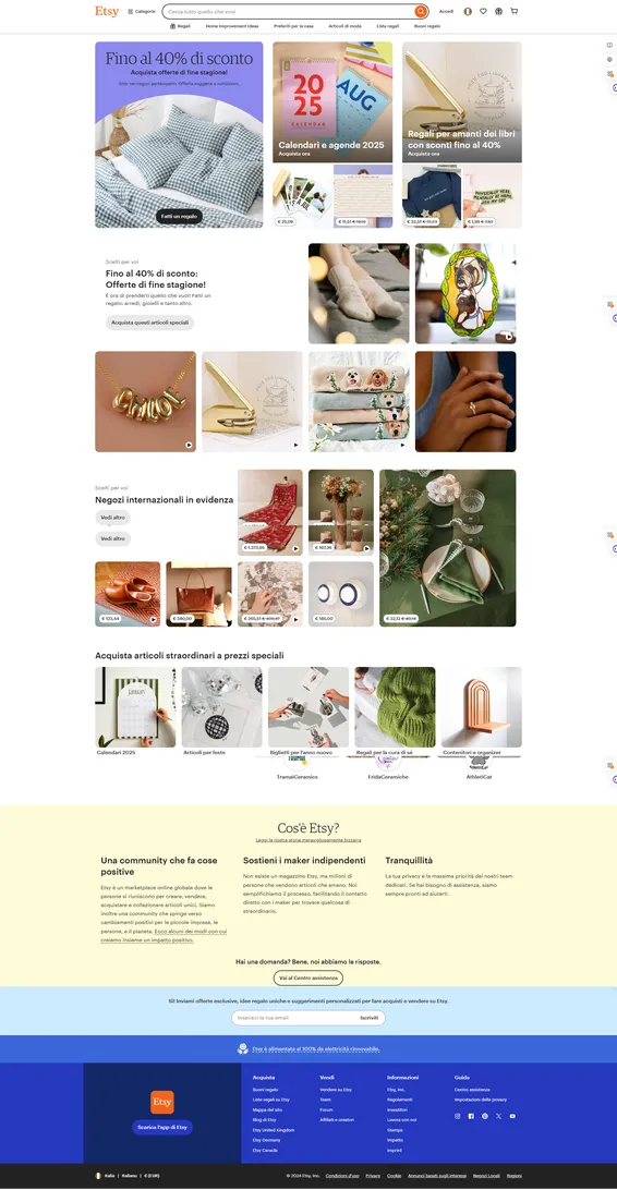 Guida alle tipologie di siti web 7 Esempio di marketplace: homepage Etsy con vetrina venditori, categorie prodotti artigianali e sezione 'Cos'è Etsy?' che illustra il modello multi-vendor