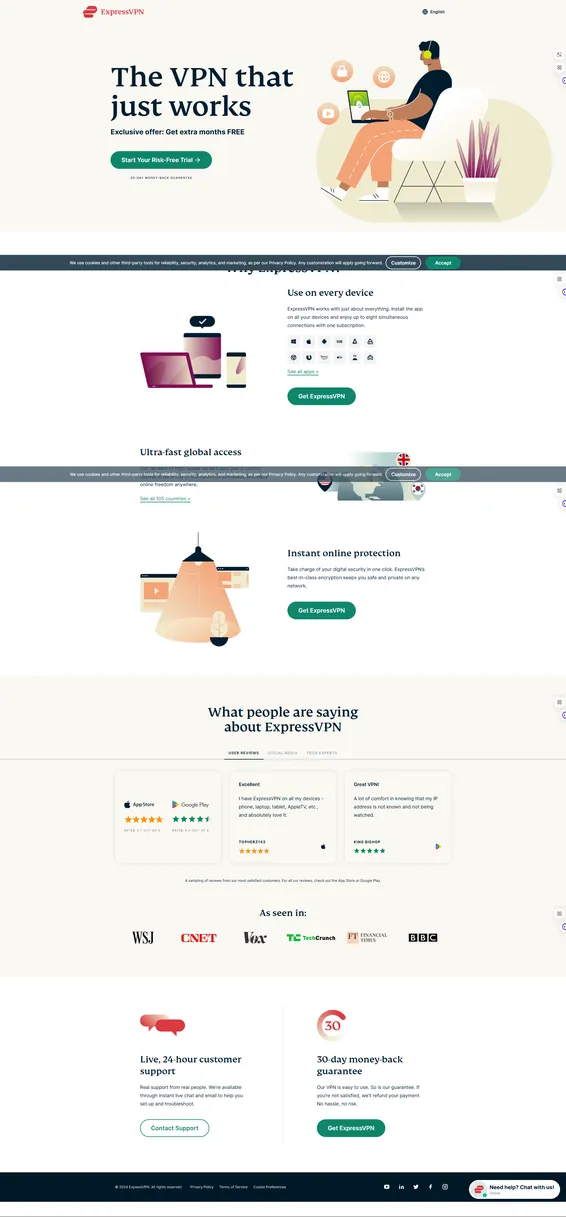 Guida alle tipologie di siti web 12 Esempio di landing page: struttura della homepage ExpressVPN che mostra elementi chiave di conversione come headline forte, call-to-action ripetute e social proof