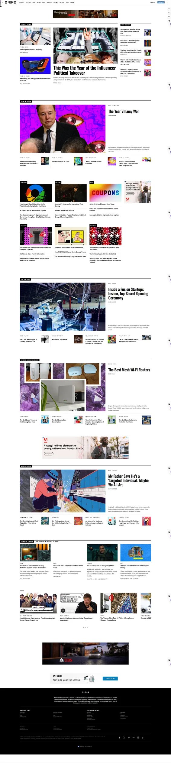 Guida alle tipologie di siti web 15 Esempio di magazine online: homepage di Wired che mostra layout editoriale professionale con mix di breaking news, approfondimenti e reportage sulla tecnologia