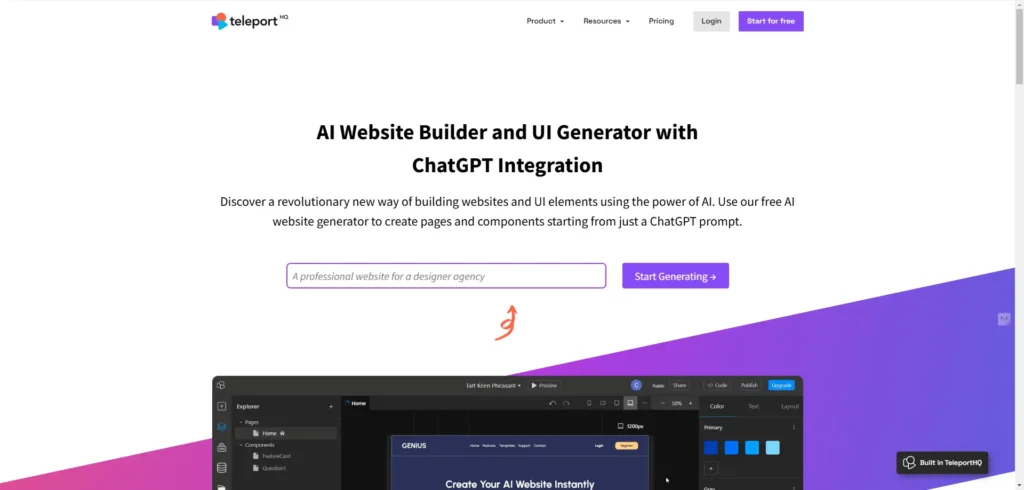 Home page di teleporthq uno dei tanti web builder basati sull'intelligenza artificiale